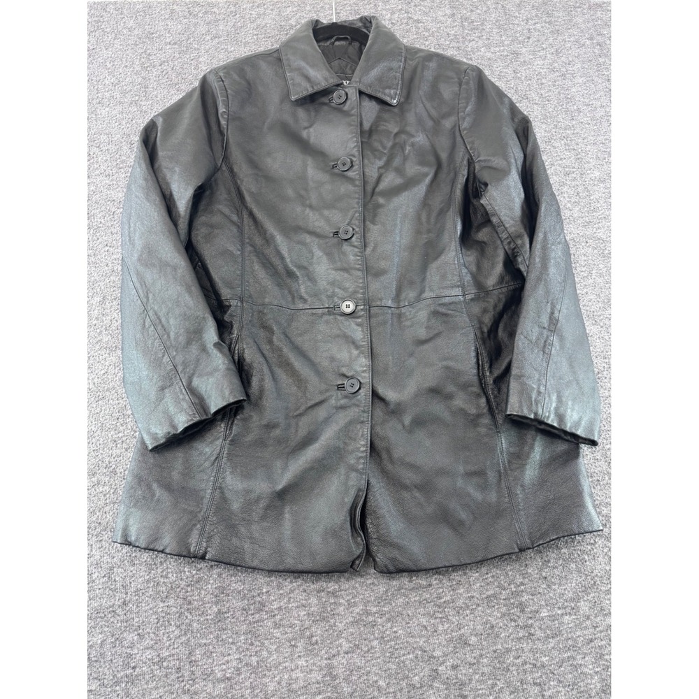 Outbrook Womens Black Leather Car Coat Quilted Lined‎ Button Front Jacket Large